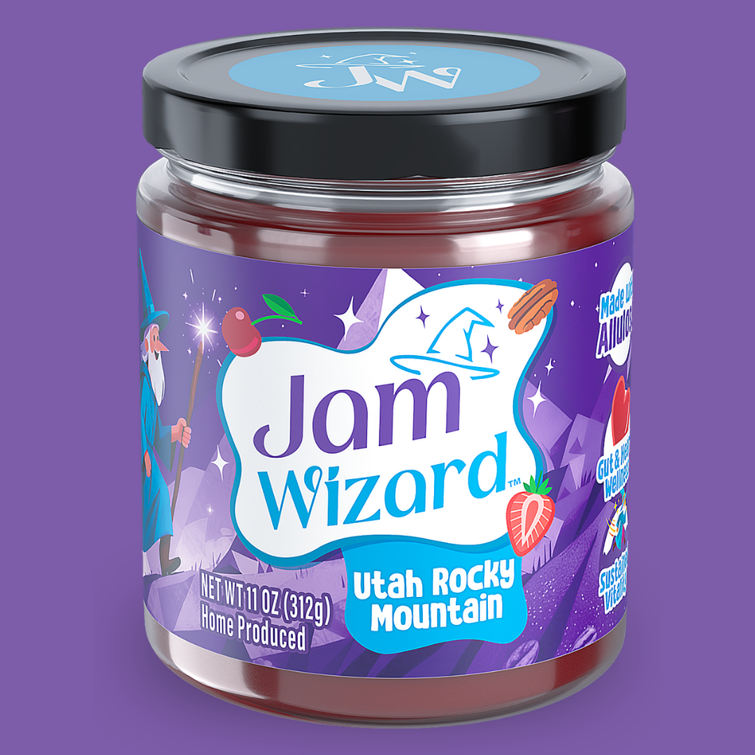 Utah Rocky Mountain keto friendly Jam jar with wizard illustration and berry flavor label