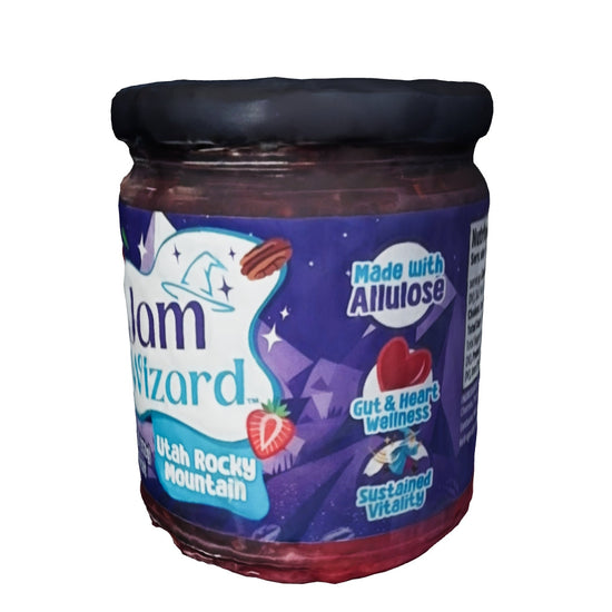 Utah Rocky Mountain Jam jar with Allulose, featuring a purple label with strawberries and pecans, emphasizing gut and heart wellness